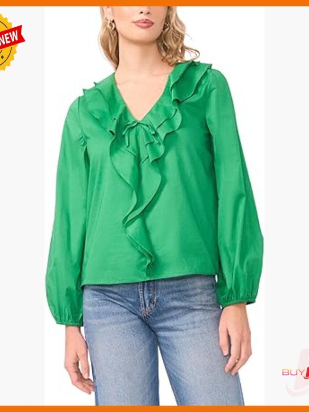 Long Sleeve Blouse with Double Ruffle Front V-Neck, Lightweight Polyester